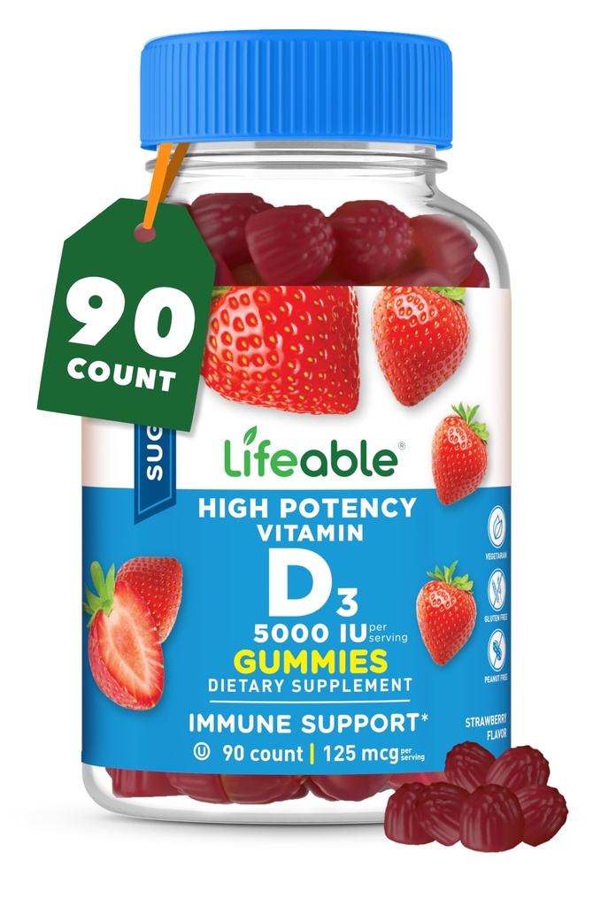 Lifeable Sugar Free Vitamin D 5000 IU - 훌륭한 타스팅 천연 맛 거미 보충 - 글루텐 무료 채식 GMO-Free Chewable - 면역 지원 및 뼈 건강을 위해 - 성인 - 90 Gummies