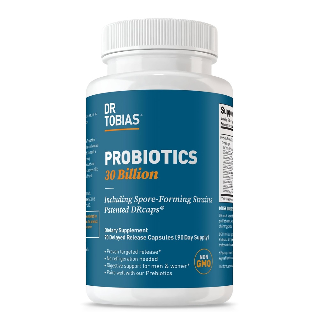 Tobias Probiotics 박사 30 억, 10 Strains, 30 억 CFU 's, 여성 및 남성을위한 Targeted Release Probiotics, 소화 건강, 유통, 비 GMO, 90 캡슐, 90 서빙 지원