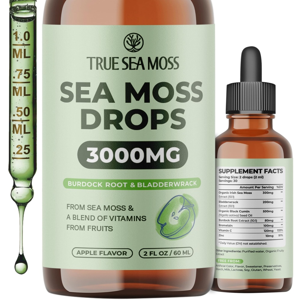 TrueSeaMoss 3000mg 아일랜드어 Sea Moss Drops with Burdock Root & Bladderwrack for Digestive System & Muscle Recovery Support - 2 Fl Oz Apple NW1