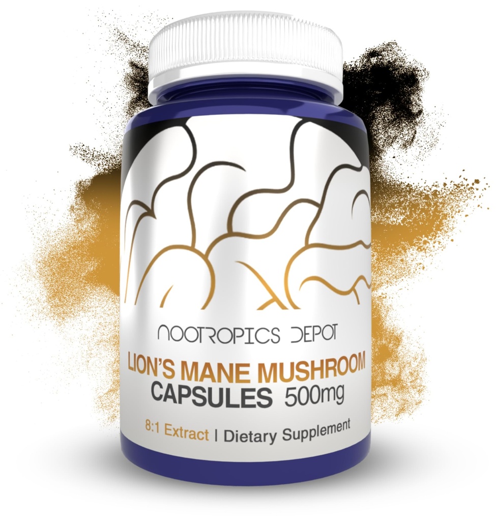 Nootropics Depot Lions Mane 버섯 캡슐 | 8 : 1 전체 과일 바디 이중 추출물 | 500mg | 180 개 | Hericium erinaceus