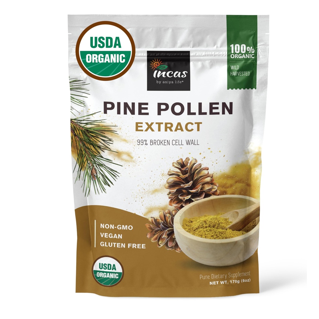 INCAS 100 % USDA 유기 소나무 화분 분말 (6 온스) 비 GMO 인증 99 % 금전 셀 벽, 야생 HARVESTED, 비 침수, 부스트 에너지 및 면역 지원, 필러 또는 첨가제