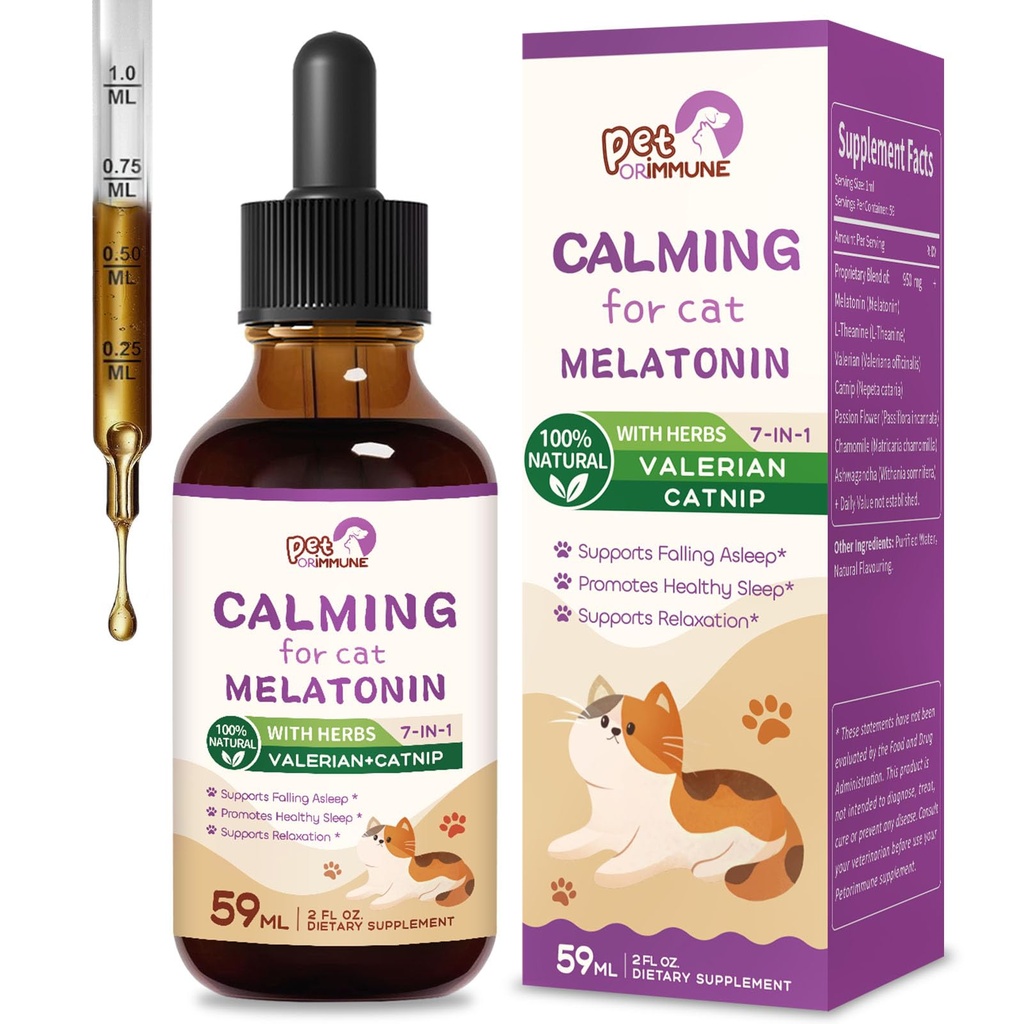 Cat Melatonin Natural Calming Drops, 지원 Falling Asleep & Healthy Sleep, L-Theanine, Valerian, Catnip, Passion Flower 및 Chamomile을 가진 초본 추출물 Relaxation 보충교재. 2개 oz