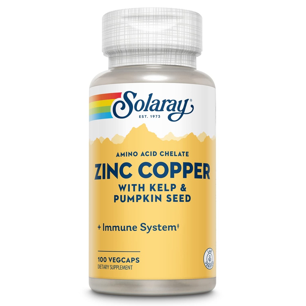 SOLARAY 아연 구리 아미노산 킬레이트 - Immune 지원 보충교재 w/Chelated 아연 50mg - 뼈, 피부, 심장 건강 및 갑상선 지원 - Kelp, 60 일 보증, 100 Serv, 100 VegCaps에서 Iodine로
