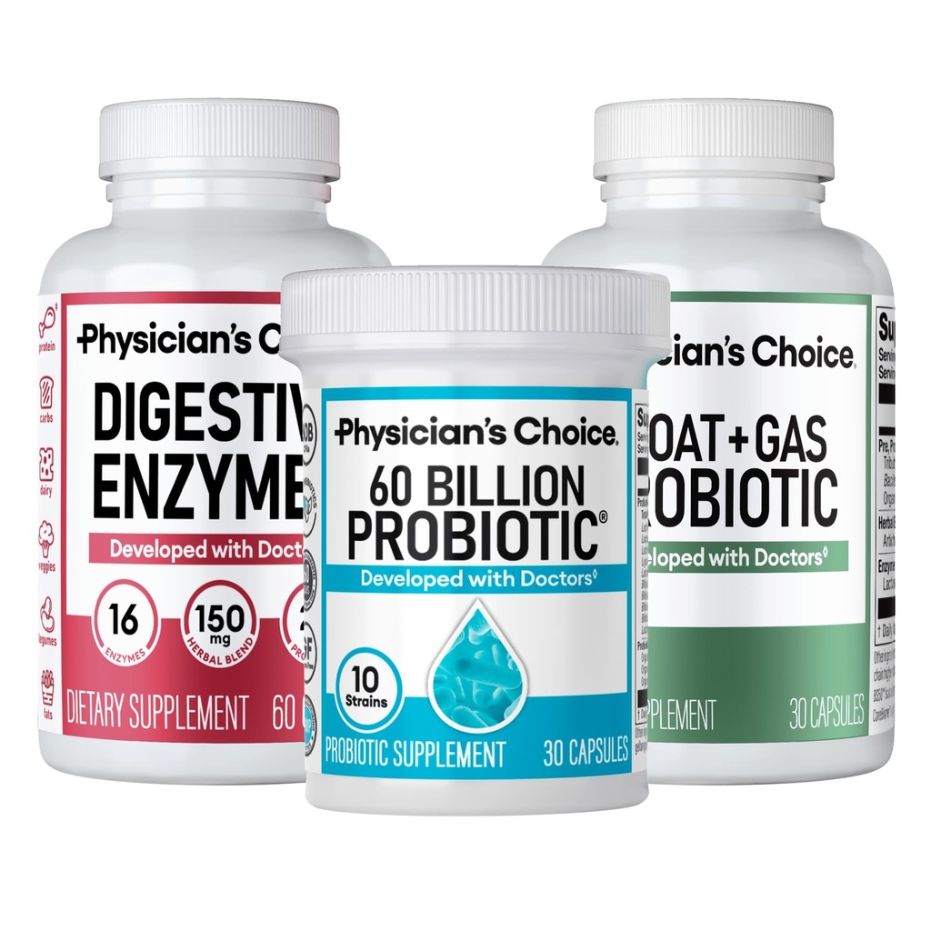 Physician 's CHOICE Gut Guardian 번들 : 60 Billion Probiotic, Digestive Enzymes & Bloat + Gas Probiotic - 여성 및 남성을위한 매일 Gut 건강 지원