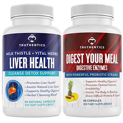 TRUTHENTICS Liver Health and Digestive Enzymes Bundle - Liver Cleanse Detox, Digestion, Nutrient Absorption, Occasional Gas 및 Bloating에 대한 지원 - 글루텐 무료, 비 GMO
