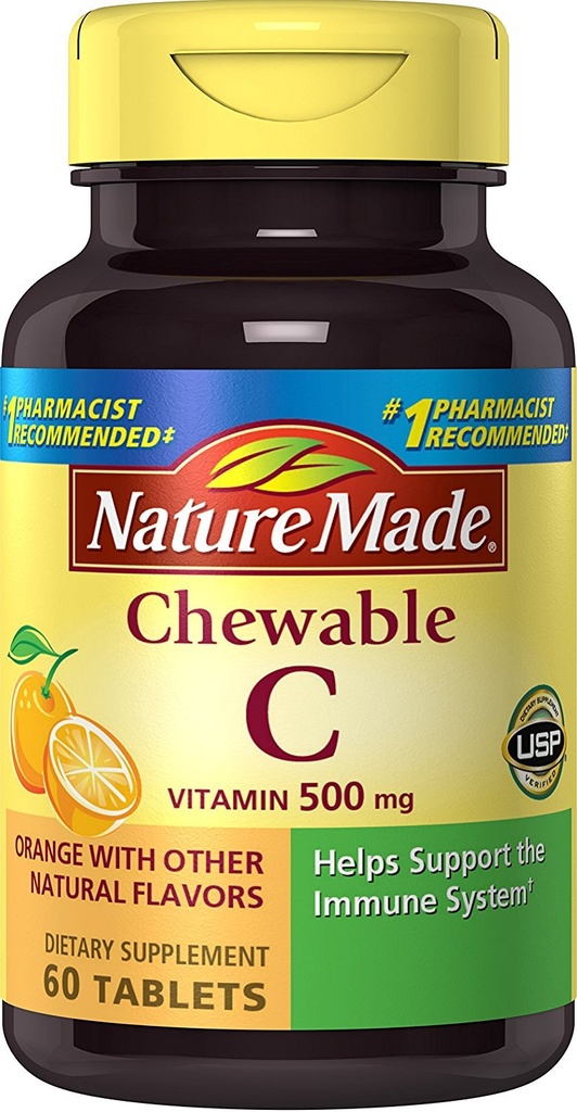 Nature Made Chewable Vitamin C 500 mg Tablets, 60 Count to help Support Immune System (패키지 오브 3)