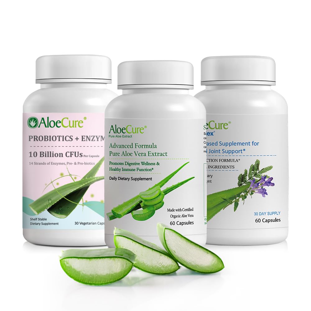 AloeCure 유기 알로에 베라 캡슐 팩 - 3 조각 - VeraFlex, 알로에 베라 캡슐, Probiotics + 효소