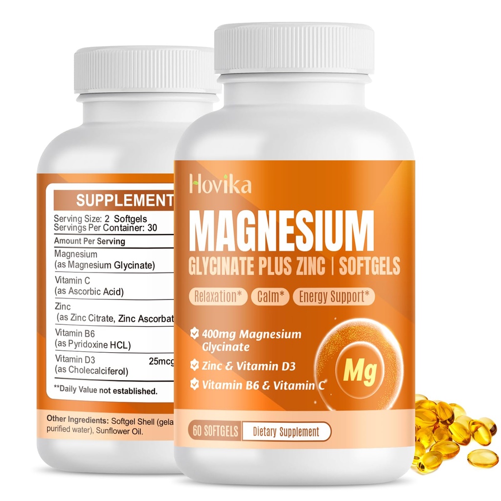 마그네슘 글리세라이드 보충 Softgels, 마그네슘 글리세라이드 아연, 비타민 B6, C, D3, 수면, 캘름, 근육, 에너지, 심장 지원을위한 순수한 마그네슘 - 여성 및 남성을위한 60 Vegan 캡슐