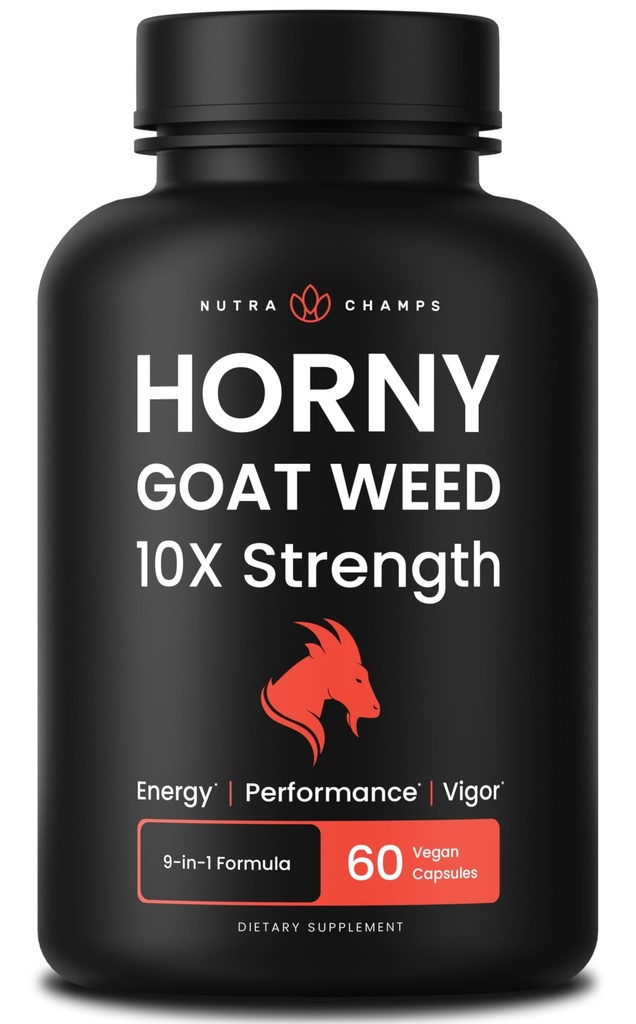 NutraChamps Horny Goat Weed, 1000mg Epimedium 에너지 보충, 10X 힘 Icariin, Ginseng, Tribulus & 여성 & 남자를 위한 마카 알약, 까만 고추를 가진 강화된 흡수, 60 Vegan 캡슐