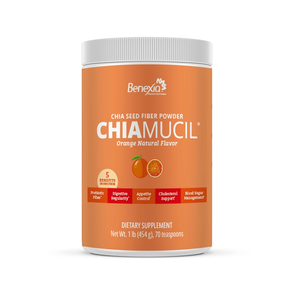 Chiamucil Prebiotic 섬유 보충교재 분말 – Digestive 건강 & 식욕 통제를 위한 Chia 섬유 & Chicory 뿌리 (Inulin) – 글루텐 & 설탕 자유로운, Vegan, 비 GMO, 오렌지 - 35의 서빙