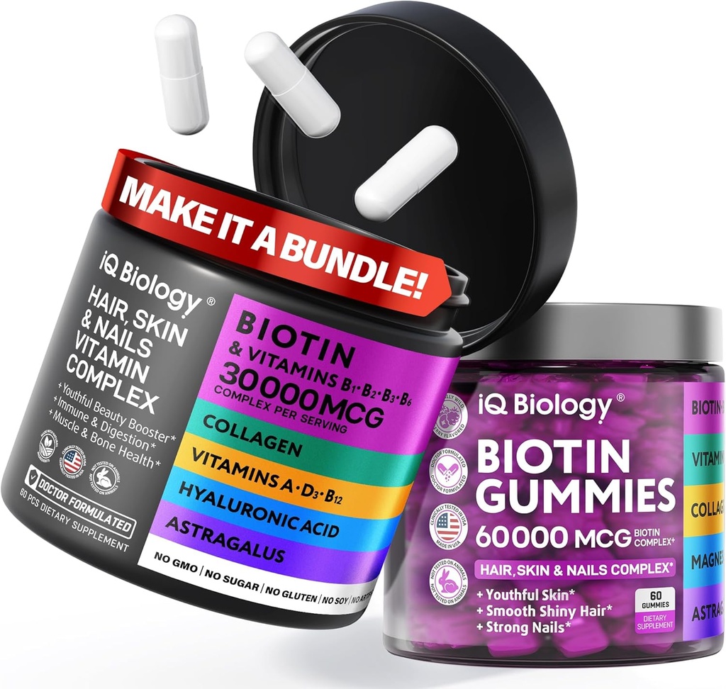Biotin Hair Growth Bundle - Biotin Vitamins & Keratin Capsules + Hair Gummies with Collagen & Astragalus - 여성 및 남성을위한 헤어 스킨 네일 비타민 | 60 Caps + 60 Gummies