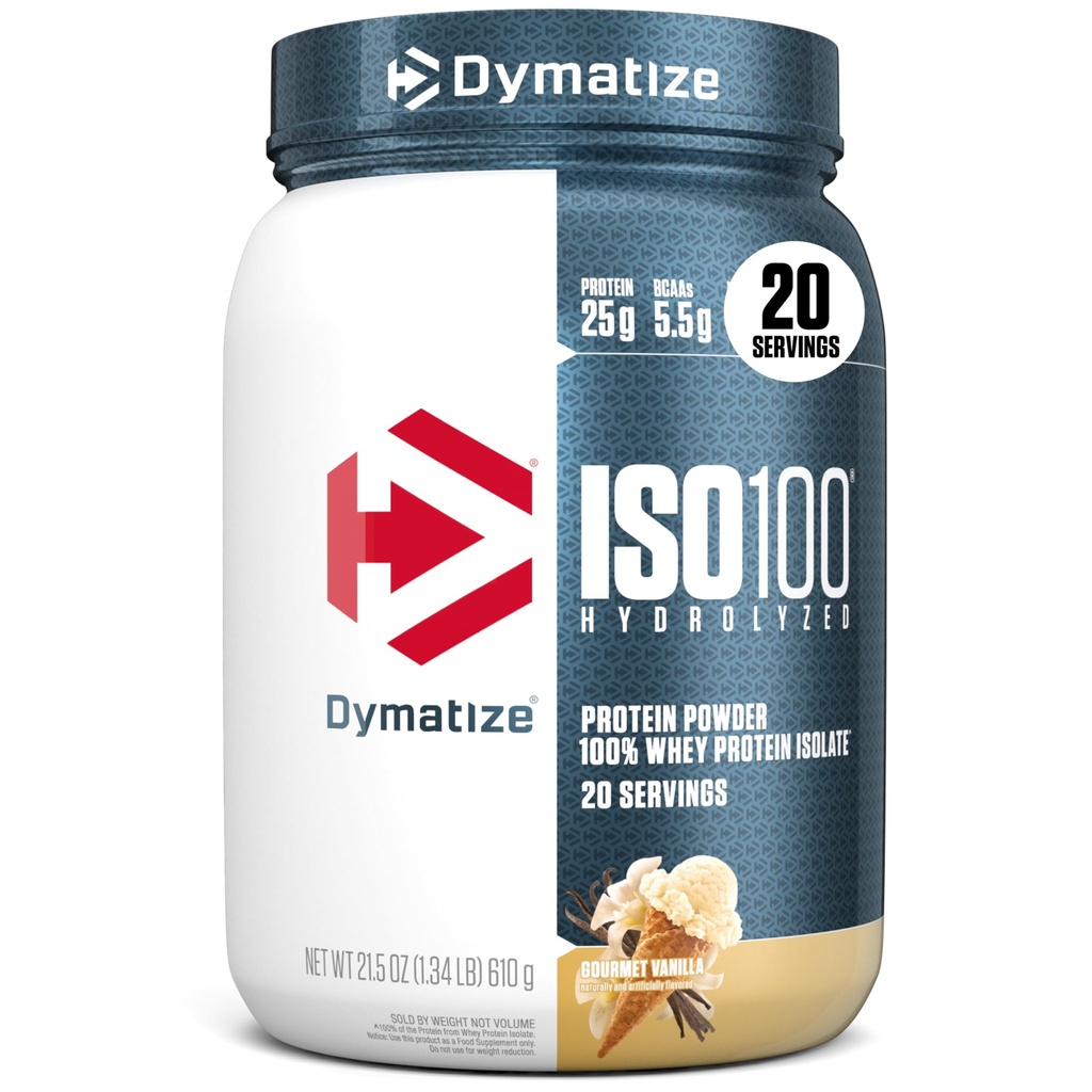 Dymatize ISO100 Whey Protein Powder Isolate, Gourmet Vanilla, 25g의 단백질, 5.5g BCAAs, 120 Cal 미만., 글루텐 무료, 1g 지방, 1g 설탕, 2g Carb (20 서빙)