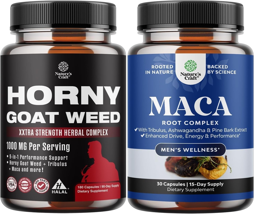 Horny Goat의 번들은 Black Maca Root, Tongkat Ali, Saw Palmetto & Panax Ginseng Extract for Stamina & Energy and Black Maca Root with Siberian Ginseng Ashwagandha - Men’s Wellness Supplement