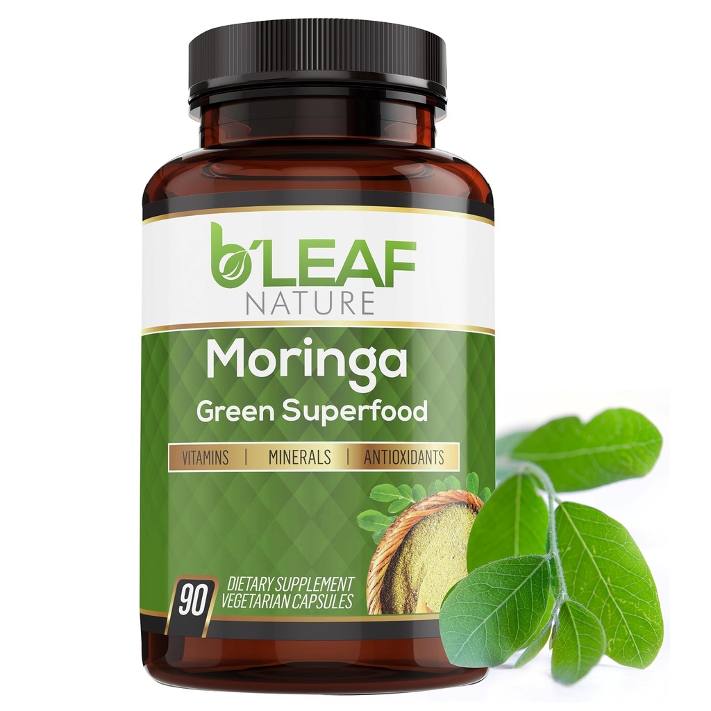 B'LEAF NATURE Organic Moringa 캡슐 1000mg, 90 카운트 - 면역 지원, 에너지 및 균형을위한 유기 Olefeira 분말을 가진 Moringa 캡슐 - 채식주의자, 매일 웰빙을위한 비 GMO 보충제