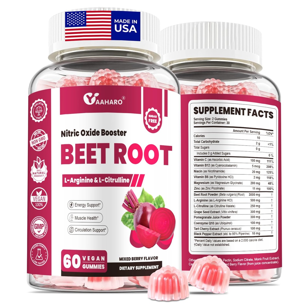 Beet Root Gummies - Nitric 산화물 부스터는 Beetroot, L-Citrulline & L-Arginine - 심장, 근육 및 순환 지원 - Sugar Free, Vegan, 혼합 Berry 풍미, 60 Gummies를 가진 남자 & 여자를 위해 보충합니다