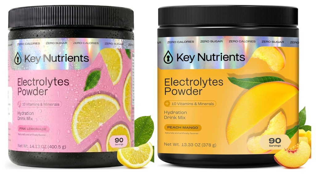 KEY NUTRIENTS Ultimate Hydration & Recovery Electrolyte 번들 – 열대 복숭아 망고 & 신선한 핑크 레몬네이드, 설탕 무료, 90 각 서빙