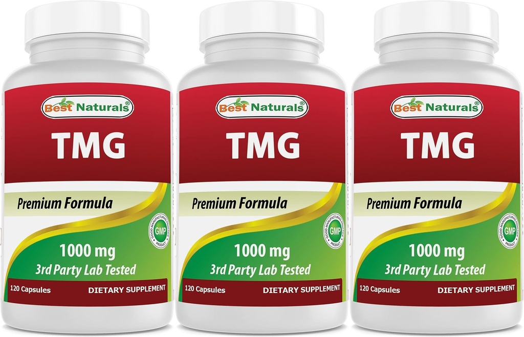 제일 자연적인 TMG Trimethylglycine (베타인 무수) 1000 mg 서빙 - 120의 캡슐 - 건강한 Homocysteine 수준 & 메틸화 지원 (120의 팩 3))