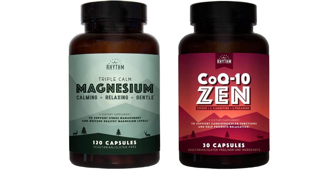 천연 Rhythm Cardio Calm 번들 - 트리플 캘름 마그네슘 150mg, 120 캡슐 + CoQ10-ZEN (Coenzyme Q10 + L-Carnitine + L-Theanine), 30 캡슐