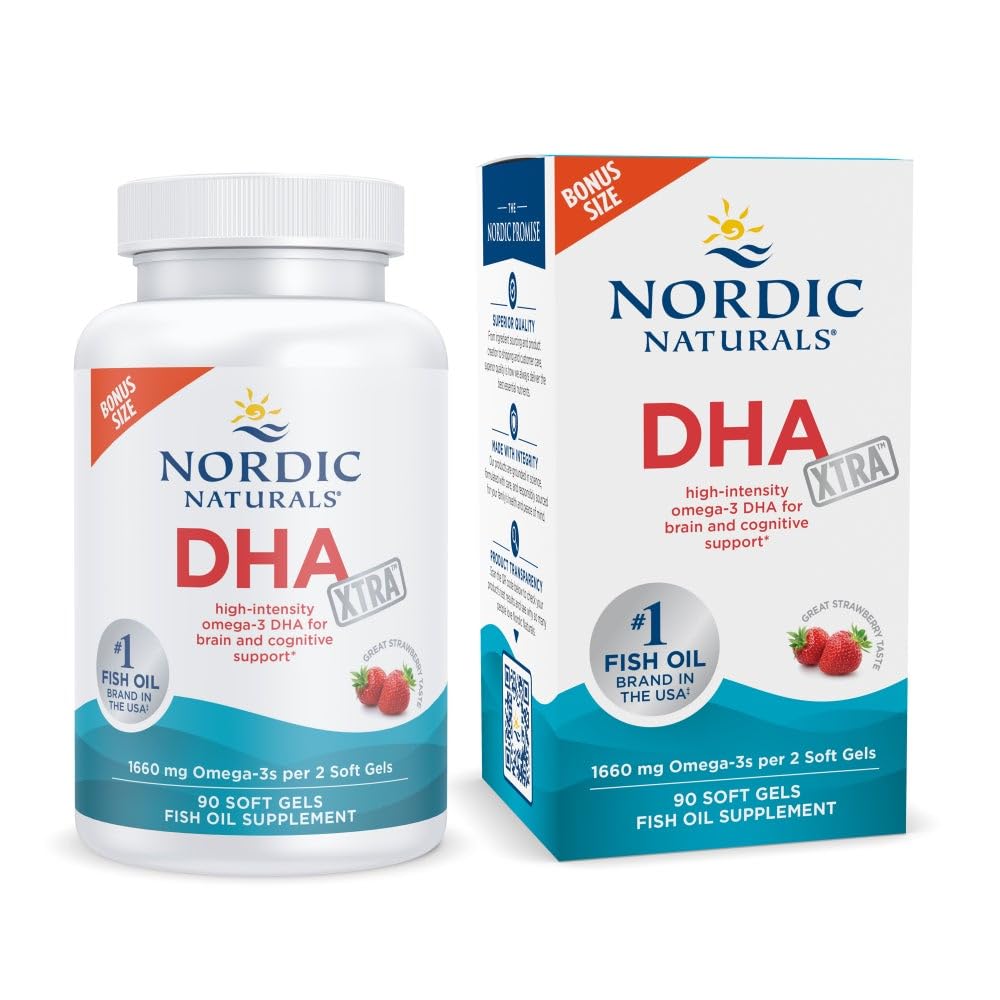 Nordic Naturals DHA Xtra, Strawberry - 90 소프트 젤 - 1660 mg Omega-3 - 뇌 및 신경 시스템 지원을위한 고강도 DHA 공식 - Non-GMO - 45 서빙