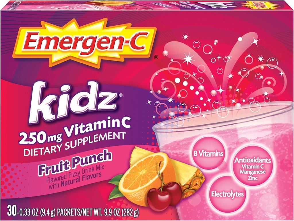 Emergen-C Kidz 250mg 어린이 비타민 C 분말, 카페인 무료, 면역 지원 음료 혼합, 과일 펀치 맛 - 30 개 / 1 개월 공급