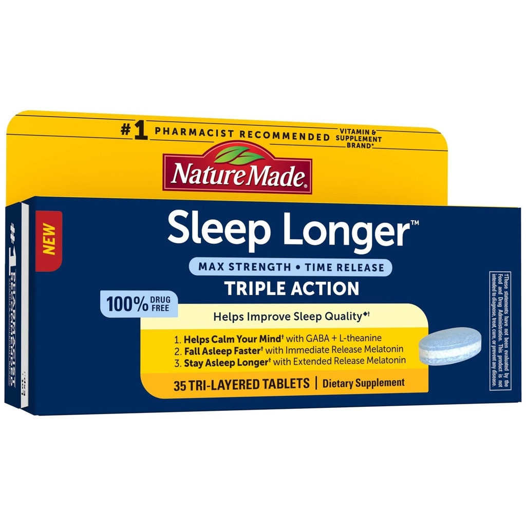 Nature Made Sleep Longer, Melatonin 10mg Time Release Tri-Layer Tablets, 수면 품질 향상, 수면 패스너, 수면 더 긴 유지, L-Theanine 및 GABA가 당신의 마음, 35 정제 도움