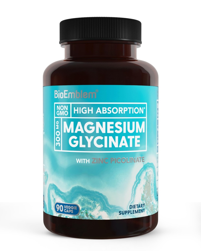 아연을 가진 BioEmblem 마그네슘 글리세라이드 - 300mg 킬레이트 마그네슘 보충교재 - 높은 흡수 Vegan Non-GMO 2-in-1 Complex - 면역 지원, 근육, 나베 - 90의 캡슐