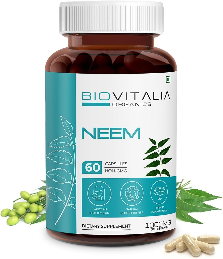 Biovitalia Plant 남성 및 여성용 Neem 1000mg 캡슐 | 다이어트 보충 | 건강한 & 승진 해독 지원 - 60 Vegan 캡슐