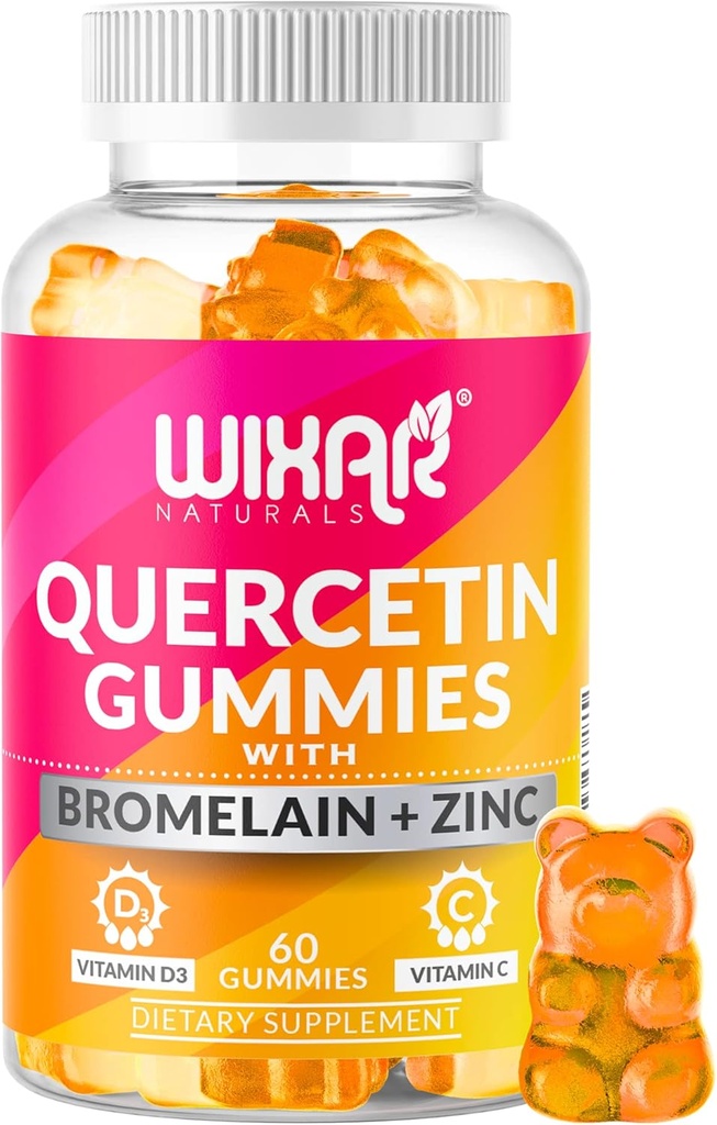 Quercetin Gummies - Bromelain, 아연, 비타민 C & D3와 Quercetin 500mg - 면역 지원 및 알레르기를위한 Quercetin Gummy 보충제 - 면역 부스터 비타민 보충 - 60 Chewable