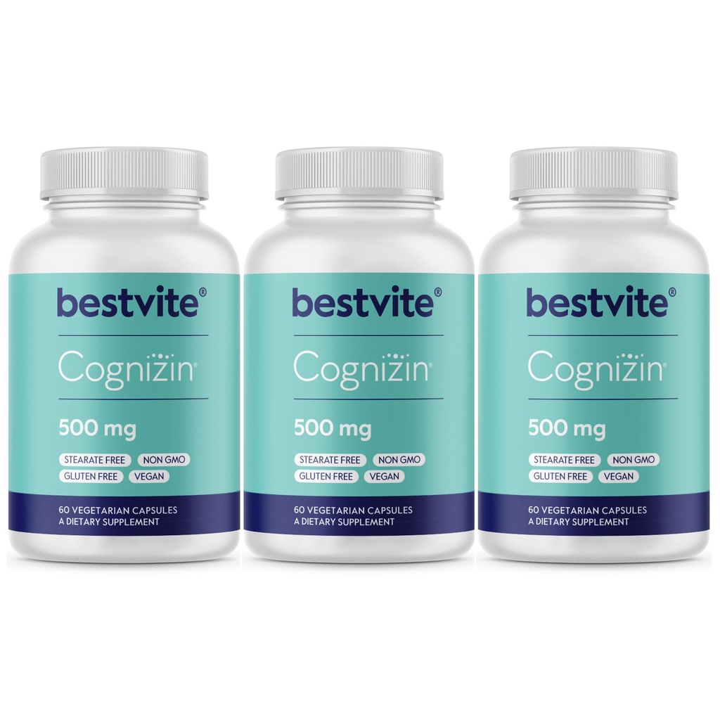 BestVITE Cognizin Citicoline 500mg (180 채식 캡슐) (60x3) - 임상적으로 장식 된 프리미엄 Choline Nootropic - Stearates 없음 - Vegan - Gluten Free - Memory 및 Focus를위한 두뇌 보충제