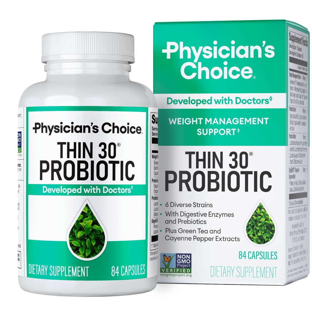 Physician's CHOICE Probiotics for Weight Management & Bloating - 6 Probiotic Strains - Prebiotics - 주요 성분 Cayenne - 지원 Gut 건강 - 여성 및 남성을위한 무게 관리 - 녹차 - 84 CT
