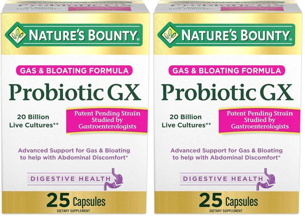 Nature 's Bounty Probiotic GX, Occasional Gas 및 Bloating, Dietary Supplement, 소화 건강, 25 캡슐 (패키지 2)
