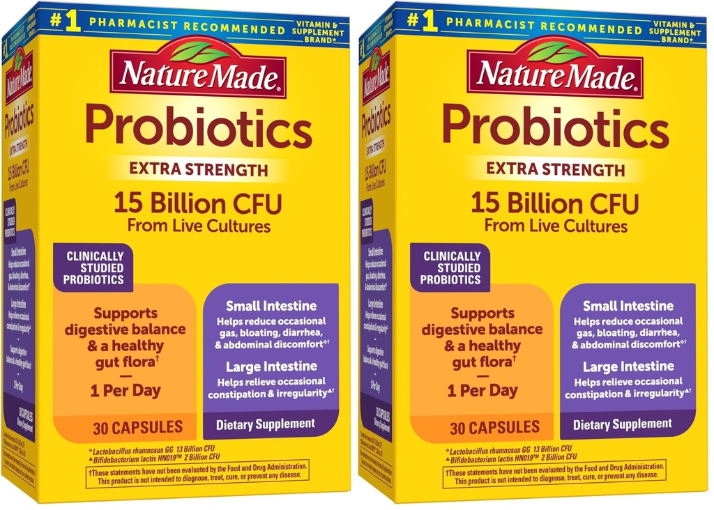 Nature Made Probiotics for Digestive Health Extra Strength 15 Billion CFU from Live Cultures,여성 및 남성,30 Probiotics,30 Day Supply,(Pack of 2)