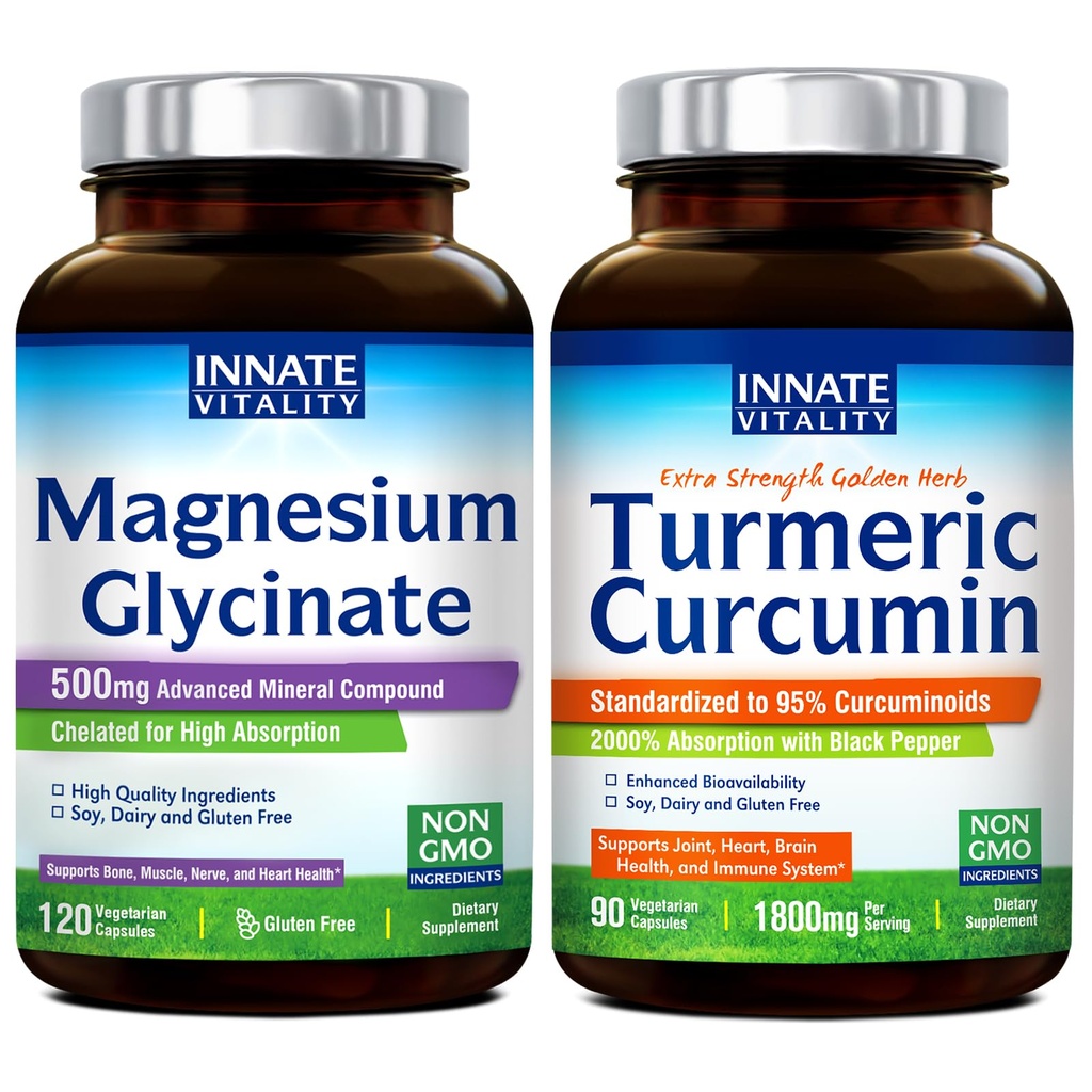 Innate Vitality Magnesium Glycinate & Turmeric 번들, 높은 흡수, 합동, 근육 & Nerve 건강, 까만 고추 추출물, 뭉치 & 저장, 120의 캡슐 & 90의 캡슐