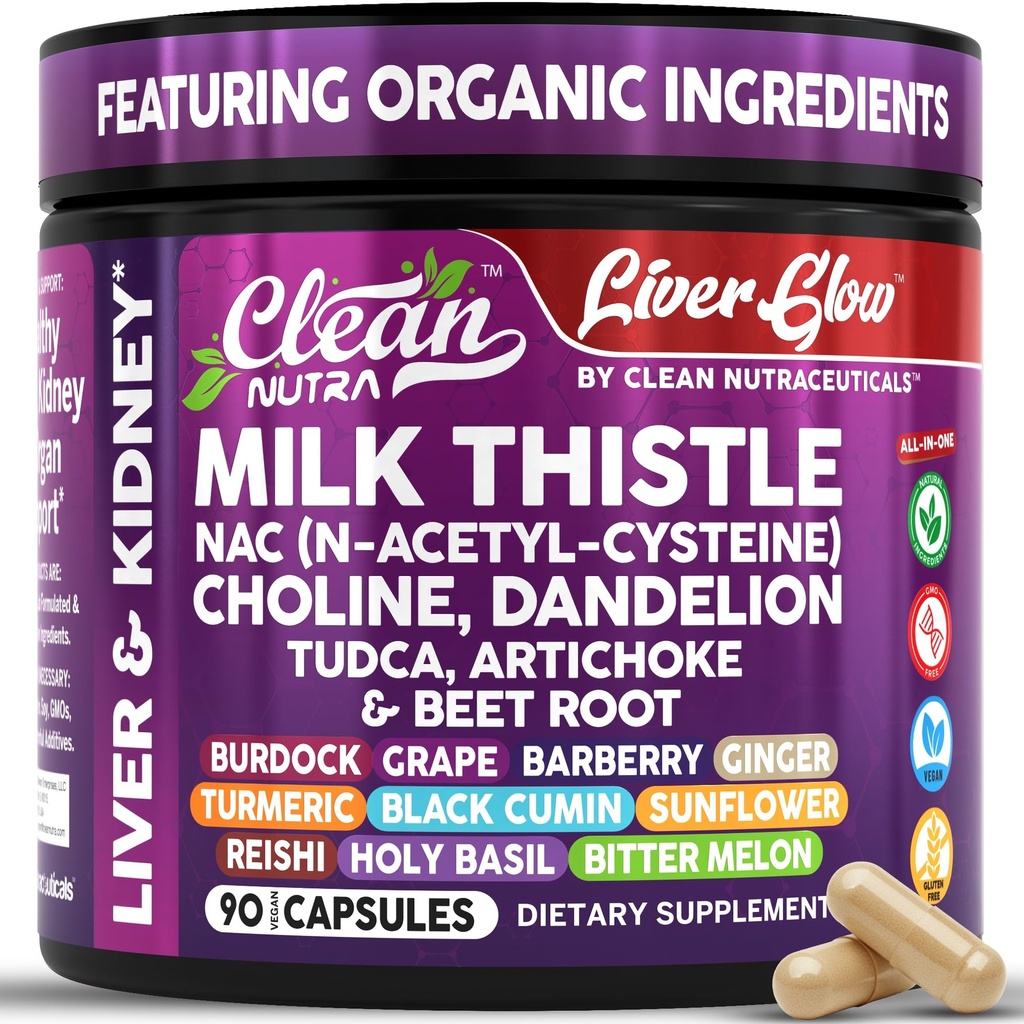 Clean Nutra Organic Milk Thistle Supplement | Liver Cleanse Detox & Repair + NAC Choline Dandelion Root TUDCA Artichoke Beet Root Burdock Holy Basil Kidney & Liver Support 90 Vegan 캡슐