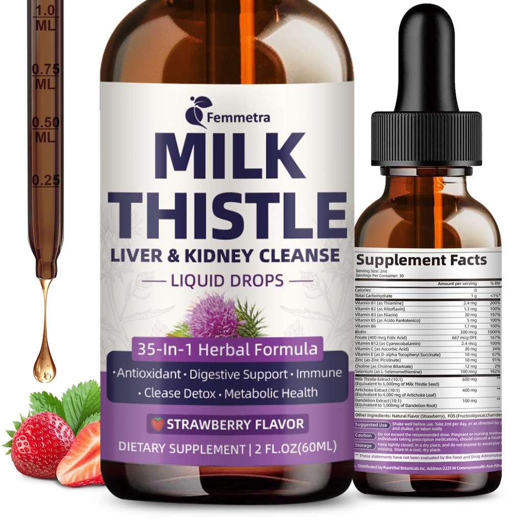 밀크 이틀 추출 액체 드롭 Liver Cleanse Detox & Repair, 35-IN-1 Kidney Support Supplement with Artichoke & Dandelion for Urinary Tract, Bladder, Vegan, Non-GMO, Strawberry flavor, 2 FL OZ