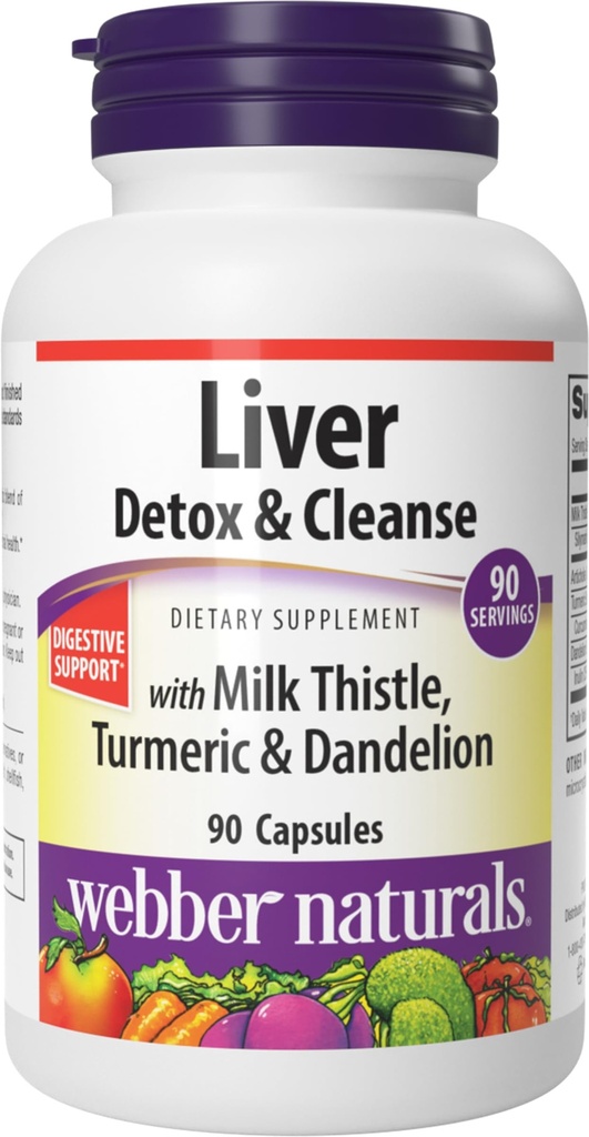 Webber Naturals Liver Detox & Silymarin Milk Thistle, Artichoke, Turmeric 및 Dandelion Extract, 90 캡슐, 초본 보충, 소화 지원, Dairy & 글루텐 무료