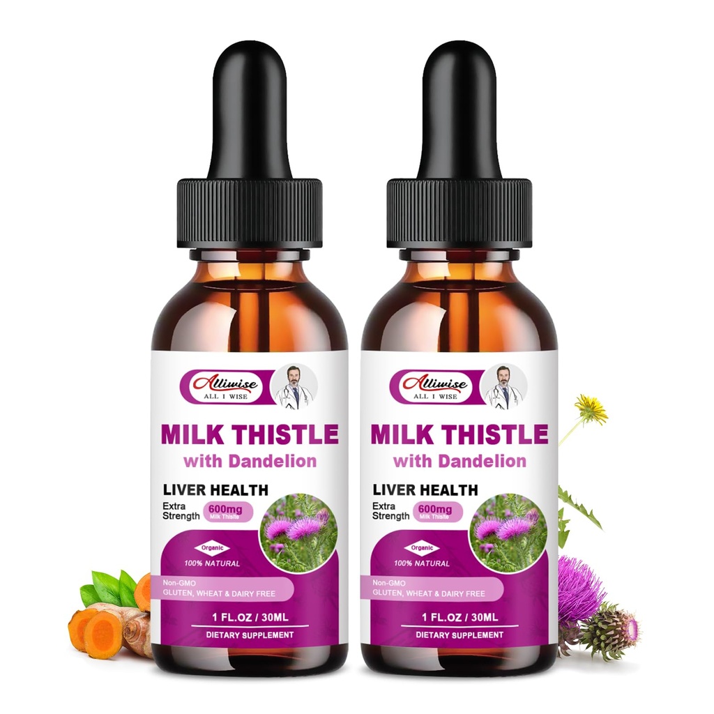 간 건강 지원 액체 2 팩, 600mg 우유 이틀 80% Silymarin 추출물 & 250mg Dandelion 뿌리 추출물, 간결 Detox & 수선 지방 간장 공식, Vegan, 비 GMO 및 모든 자연