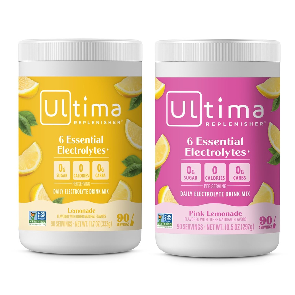 Ultima Replenisher Electrolyte Powder Drink Mix Bundle – Sugar Free – Lemonade and Pink Lemonade, 90 서빙 - 하이드로 션 파우더 - 6 키 일렉트로트로트로트 및 추적 미네랄 - Keto Friendly, Non-GMO