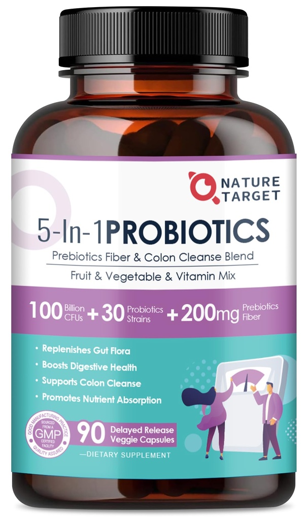 여성 - 남성 소화 건강을위한 NATURE TARGET Probiotics, Prebiotics가있는 Mens-Womens Probiotics, Gut 및 면역 건강을위한 100 억, 냉동 없음, 90 Veggie 캡슐 (45 일 공급)