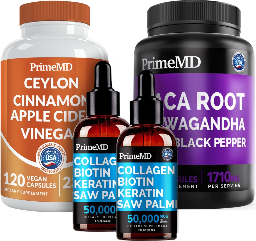 5-in-1 Ceylon Cinnamon (120ct), 4-in-1 Biotin Collagen Keratin Saw Palmetto (2 fl oz - 2 Pack) 및 6-in-1 Maca Root Ashwagandha (120ct) 번들 - 에너지, 무드, 머리, 피부 및 면역 지원 보충교재