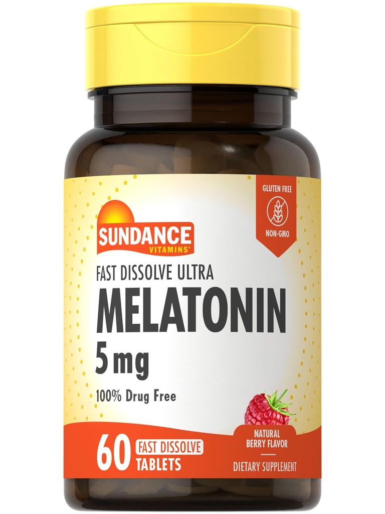 Sundance Melatonin 5mg 빠른 용해 정제 | 60 개 | 천연 베리 맛 | 채식주의, 비 GMO 및 글루텐 무료 보충