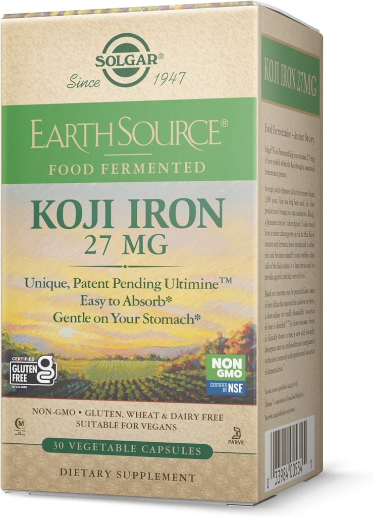 Solgar 지구 소스 음식 발효 Koji 철 27mg, 30 야채 캡슐 - 더 높은 흡수, 느리-릴리스 철 - Stomach에 Gentle - Non-GMO, Vegan, 글루텐 무료, Dairy Free, Kosher - 30 서빙