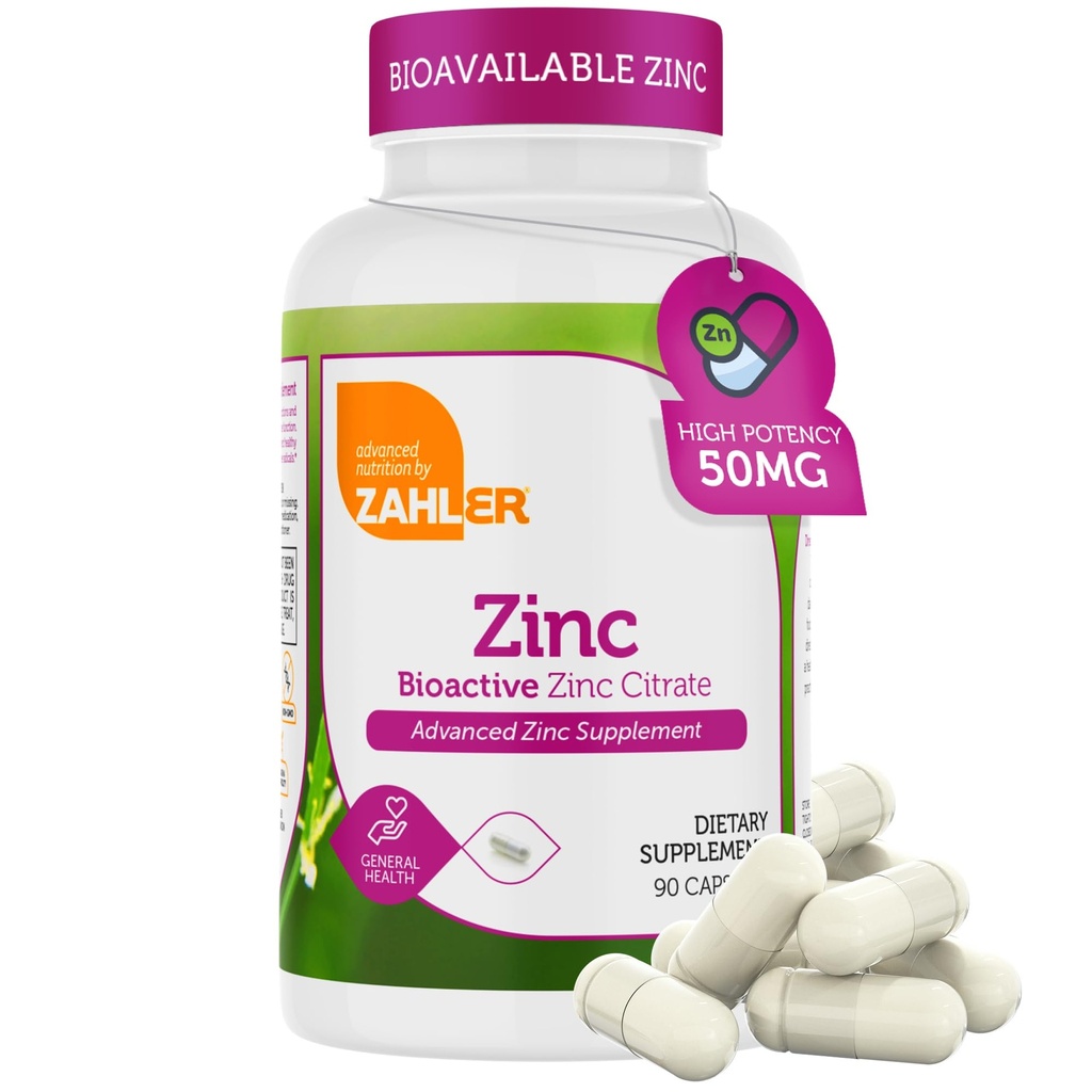 Zahler 아연 50mg, Immune 및 산화 방지제 보호, 인증 Kosher, 90 캡슐