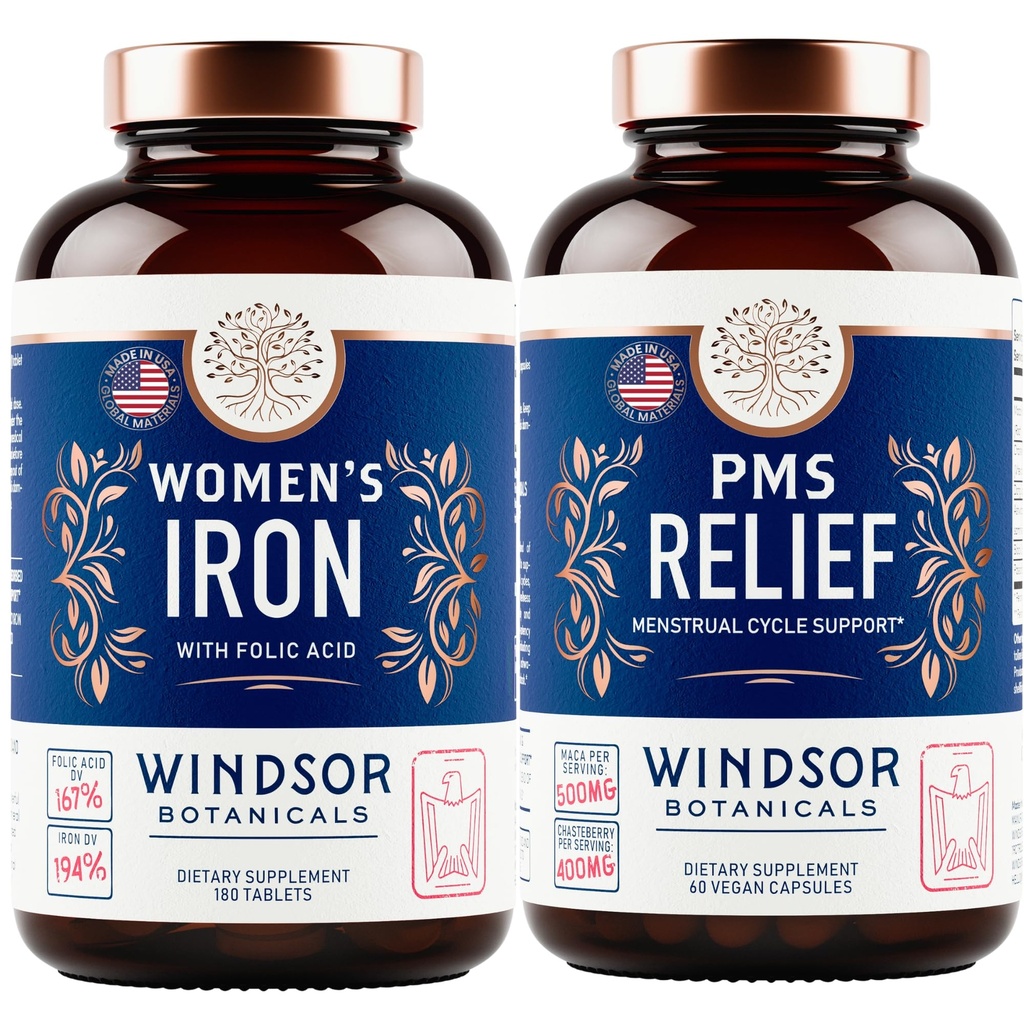 여성을 위한 WINDSOR BOTANICALS 철 보충교재와 PMS 기복 뭉치