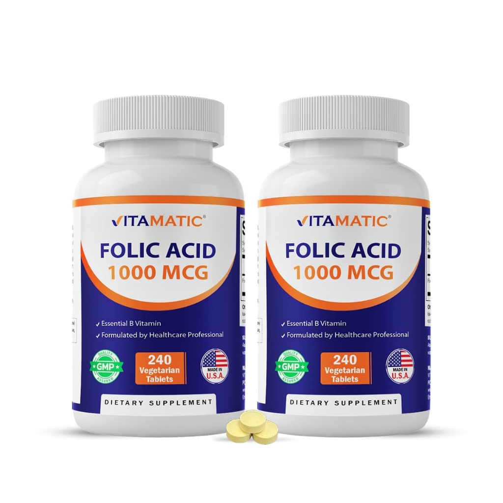 Vitamatic Folic 산 1000 mcg (1 mg) – 240 채식 정제 (팩 2) 1667 mcg DFE – 비타민 B9 Prenatal, 심장 및 세포 건강