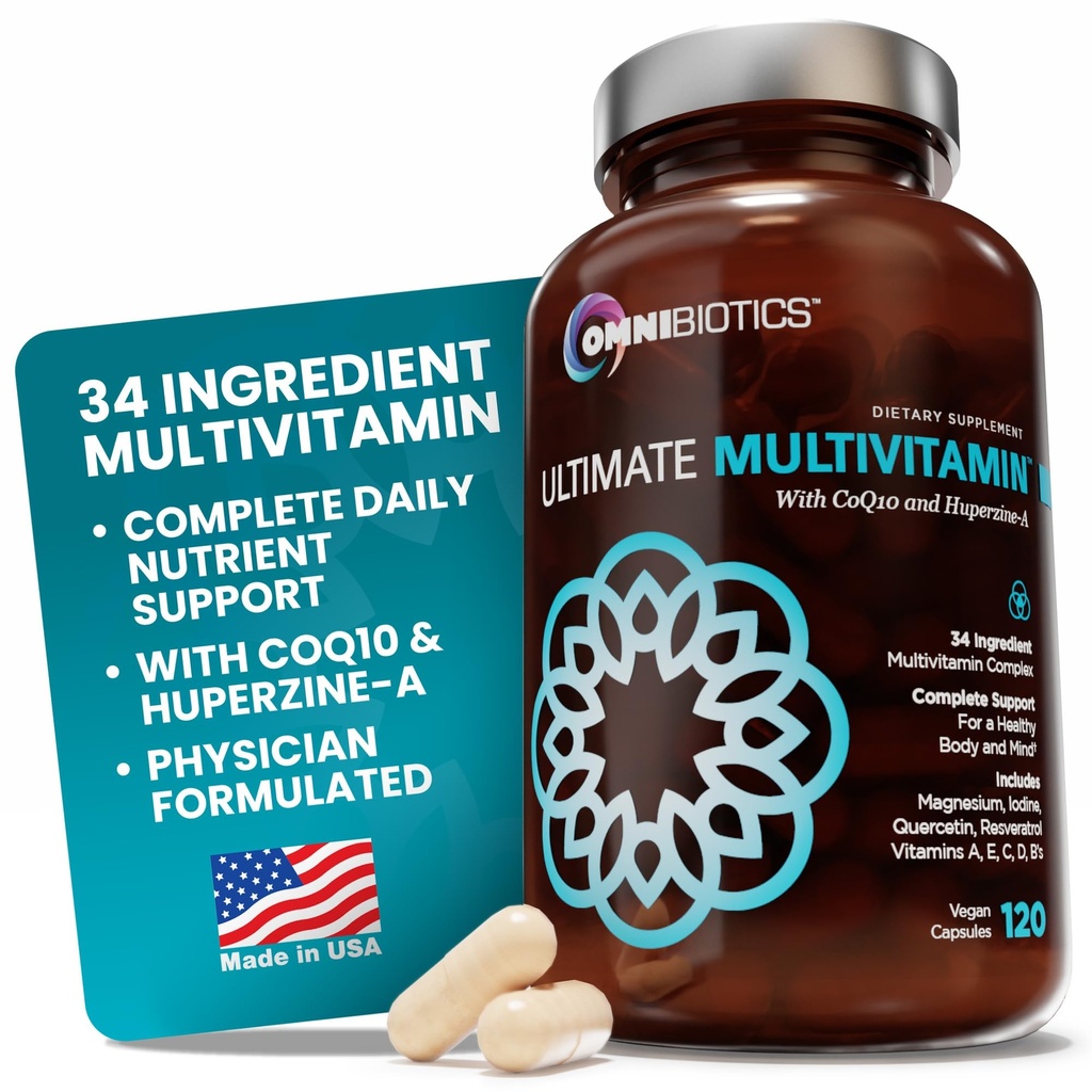 OmniBiotics 여성 & 남성을위한 궁극적 인 매일 Multivitamin - 비타민 A, C, D, E, B6, B12, Biotin, 아연 - 120 Vegan 캡슐 포함 34 필수 성분