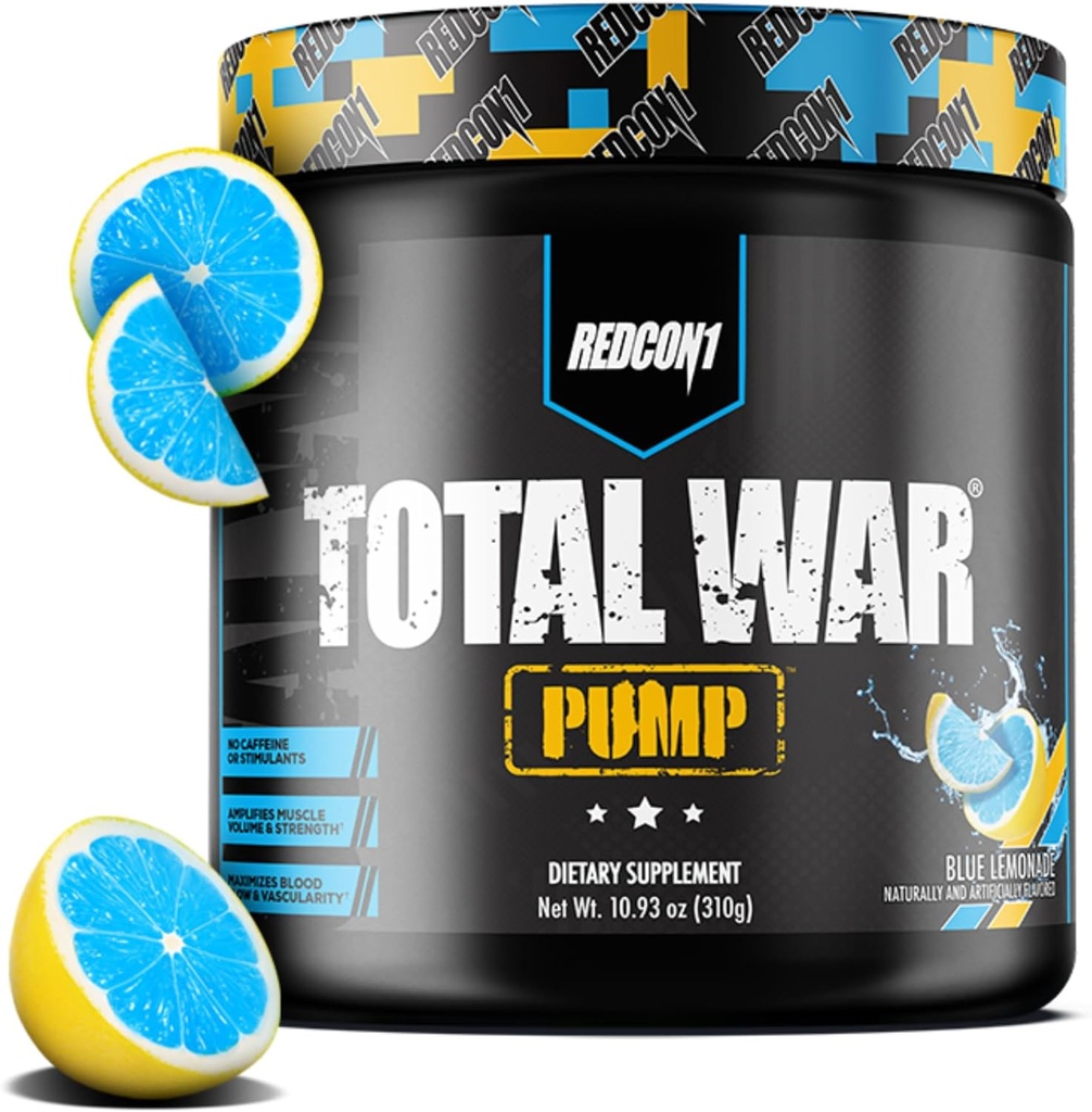 REDCON1 Non Stim & Caffeine Free Pre Workout Powder for Women & Men - Total War Pump - L-Citrulline, Beta Alanine 및 More - 일상에서 운동 - Blue Lemonade (10.93 oz)