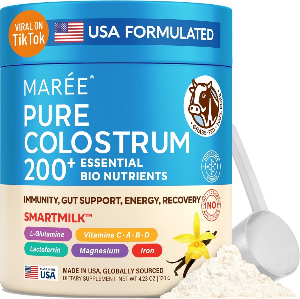 MAREE Colostrum Supplement - 여성을위한 Bovine Colostrum 분말 & Gut 건강을위한 남성 - 잔디 Fed Colustrum Immune Support Supplement Gut Health for Women with L Glutamine - Calostro Bovino Para Adultos