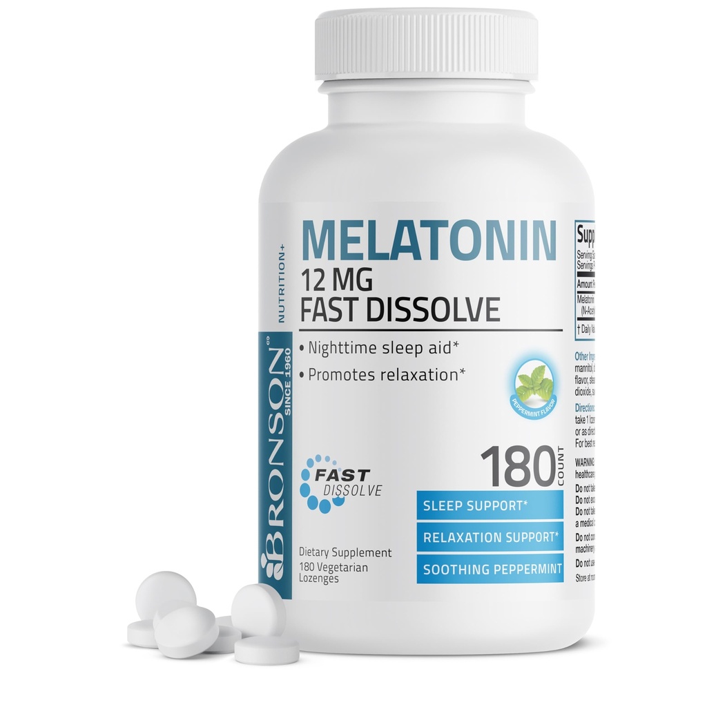 Bronson Melatonin 12mg 빠른 용해 야간 수면 보조 지원 및 휴식 지원, 180 Peppermint 채식 Lozenges