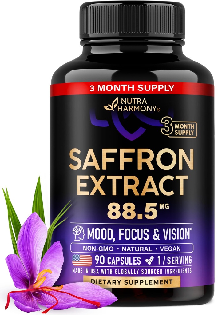 Natural Saffron Supplements - Pure Saffron Extract 88.5 mg - Made in USA - Mood | Focus | Vision | Energy Support - 여성 및 남성을위한 눈 건강 - NonGMO Vegan Pills - 90 분말 캡슐, 3 개월 공급
